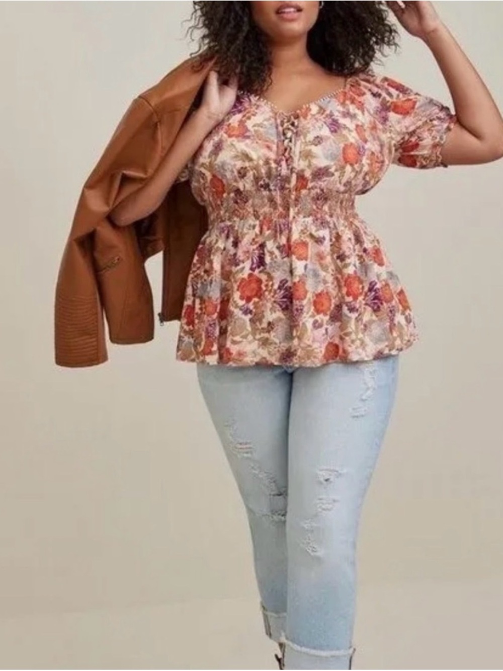 Torrid  Floral Peplum Blouse in Cream, Orange and Purple